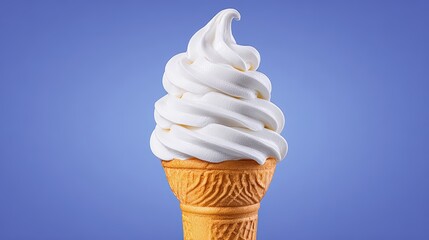 Close-Up of Delicious Creamy Soft Serve Ice Cream Cone on Blue