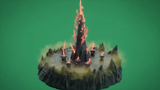 Magical Tower Element Isolated on Green Screen 3D Render Animation with Fiery Energy Emitting from the Top Ideal for VFX and Game Asset Integration from a Top-Down Perspective