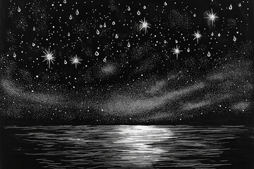 Starry night Deep dark sky with drops of stars. drawn by hand
