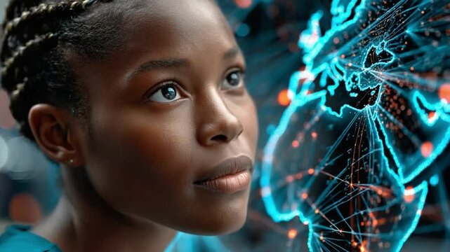 Global Vision: A thoughtful individual gazes intently at a captivating, digitally rendered representation of a worldwide network, symbolizing the boundless possibilities of connectivity, innovation.