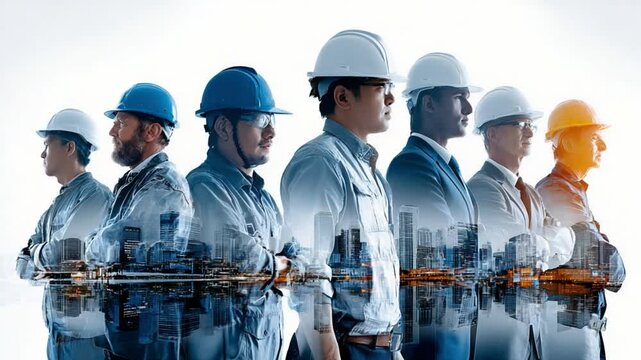 Harmony in the Building Field: A diverse group of construction workers and engineers, clad in protective helmets, stands united against the backdrop of a cityscape. This image embodies collaboration.