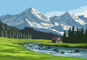 Mountain and river landscape with a cabin