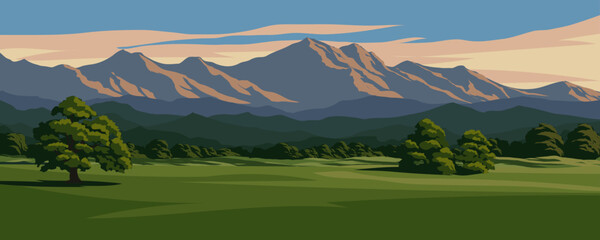 Mountain forest sunset illustration with meadow