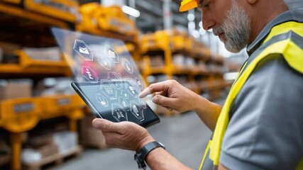 Warehouse worker with futuristic digital tablet: A focused warehouse worker in safety gear uses a digital tablet with augmented reality interface for inventory management in a modern warehouse. - Powered by Adobe