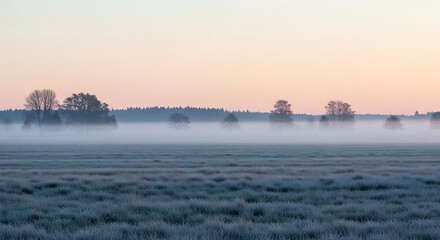 Fototapeta premium Misty Sunrise Landscape Serene Field with Fog and Trees