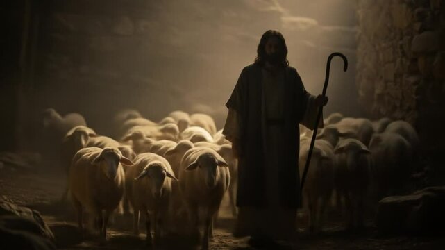 Shepherd Leading Sheep: An image of shepherd with his flock, guiding them through the shadows, his staff a symbol of guidance and protection. A moment of spiritual connection and pastoral serenity.