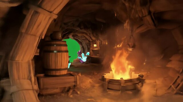 Mystical Cave Interior with Roaring Fire and Tunnel Entrance In 3D Render With Green Screen Background for Visual Effects and Gaming Assets