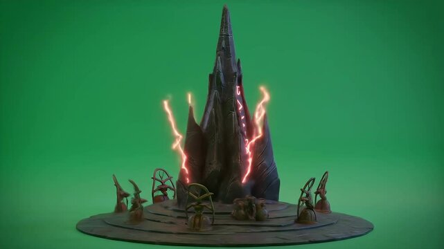 Mystical Dark Tower With Glowing Inscriptions and Crackling Lightning on Green Screen Fantasy Building Architecture Design Isolated for Visual Effects