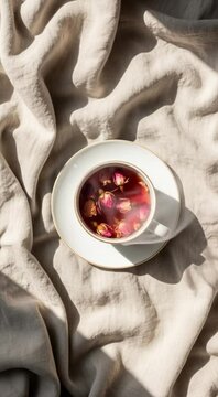 Steaming Rose Buds Tea on Neutral Linen in Boho Minimal Flat Lay Style
