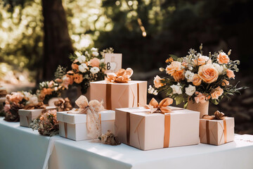 Table with gift boxes for wedding day. Wedding gift.