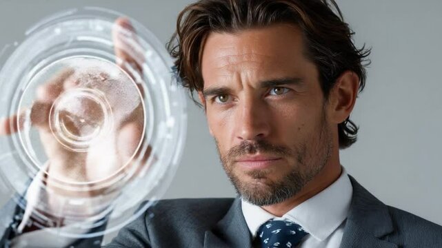 Visionary Touch: An astute individual, fully engaged with a modern technological interface, symbolizing innovation, progress, and the cutting edge of futuristic concepts.