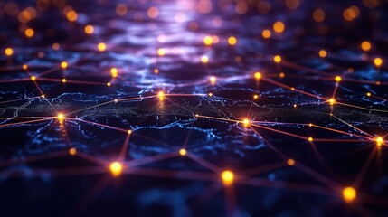 Close-Up of Abstract AI Digital Network with Dark Purple-Blue Gradient Background, High-Contrast Geometric Patterns in White and Yellow, Depth Perspective Abstract Art Style.