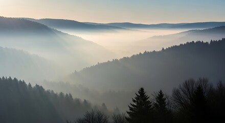 Fototapeta premium Misty Mountain Landscape Serene Sunrise Over Rolling Hills and Forests