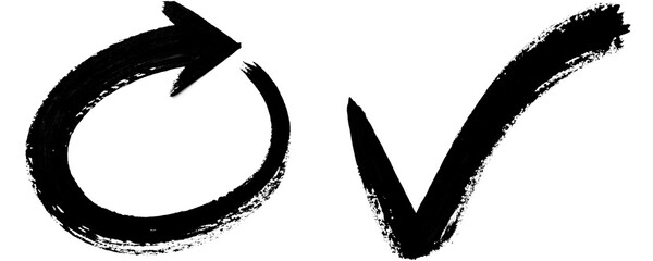 Black Hand Drawn Arrow With Rough Brush Stroke Forming a Spiral Loop or Check Mark in Dry Ink Texture for Artistic Layouts Isolated on a Transparent or White Background