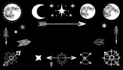 Hand-drawn boho celestial arrows, moons, and mystical symbols in black and white vector clipart style,  magic,  moon