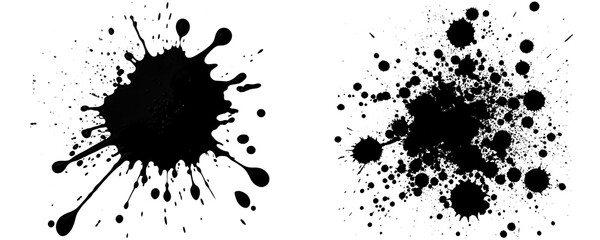 Ink Splatter Stain With Large Central Blob and Outward Splashes Plus Cluster of Small and Large Black Ink Splatters With Dry Brush Texture Isolated on a Transparent or White Background