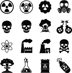 Black and White Hazard Symbol Icon Set Featuring Biohazard, Radiation, Fire, and Electrical Danger Signs in Bold Vector Style
