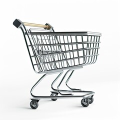 A metallic shopping cart with a wooden handle, designed for retail shopping. on white background