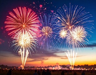 Vibrant fireworks display against a twilight sky large crowd watching Celebration