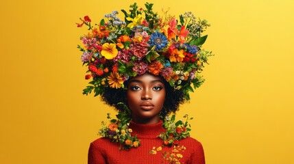 Stunning portrait of a woman with an elaborate colorful floral headdress and vibrant red sweater against a bright yellow background