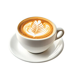 A cup of cappuccino with latte art on a white saucer