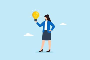 Flat illustration of confident businesswoman holding glowing light bulb in hand to represent creative business idea and innovation leadership