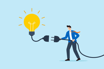 Flat illustration of businessman connecting power cable to glowing lightbulb new idea creativity innovation energy success invention and problem solving