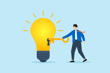 Flat illustration of businessman unlocking glowing lightbulb with golden key to discover new idea creativity and innovation potential