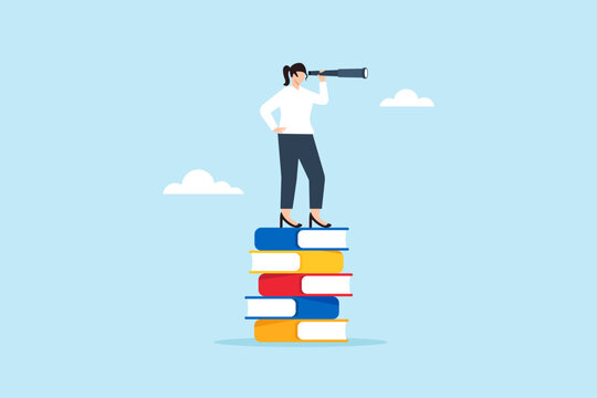 Flat illustration of businesswoman standing on tall stack of books using telescope to search for career vision and future success through education