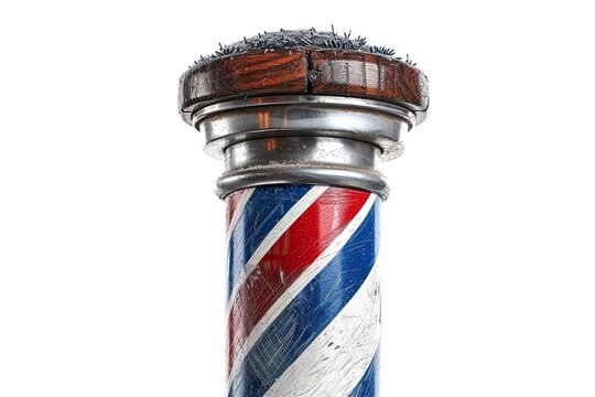 A close-up of a vintage barber pole with red, white, and blue stripes. on white background