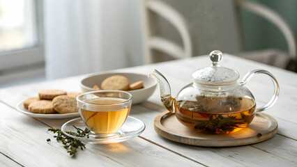 Elegant glass teapot and cup of herbal tea with cookies