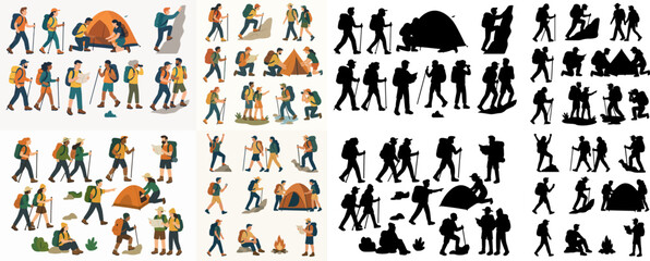 Vector Set People hiking and camping along with the silhouette. Outdoor adventure  hiking and backpacking  active characters trekking  set up tent and navigate terrain flat vecto.