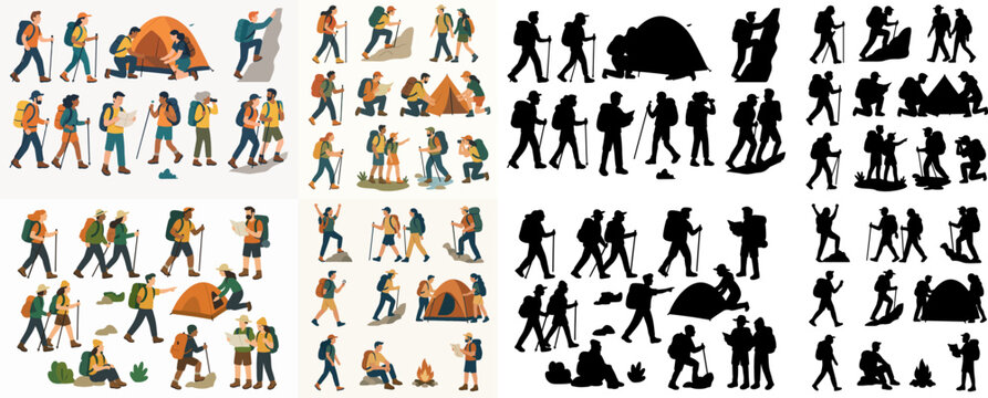 Vector Set People hiking and camping along with the silhouette. Outdoor adventure hiking and backpacking active characters trekking set up tent and navigate terrain flat vecto.