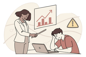 A woman is pointing at a positive trend on a chart while a man sits dejectedly at a laptop, with an alert sign nearby, symbolizing performance pressure, missed targets, or a challenging work situation