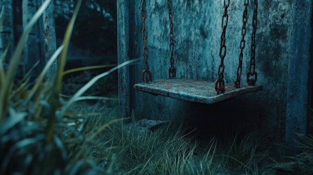 Rusty swing set in overgrown, abandoned space