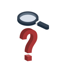 Magnifying glass over a question mark symbolizes the act of searching for answers, exploring the unknown, or investigating a mystery