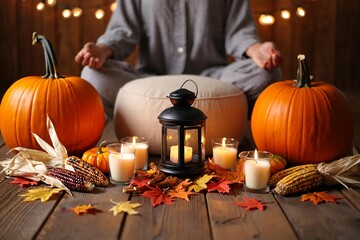 Fall meditation and gratitude scene with pumpkins candles and autumn decor for thanksgiving or halloween