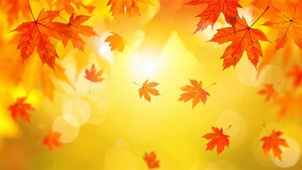 Autumn leaves falling with a golden bokeh background sunlight shining through colorful foliage creating a warm and inviting scene