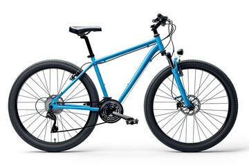 Obraz premium A blue mountain bike designed for outdoor cycling and recreational activities. on white background