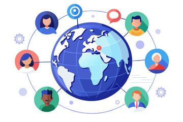 A vibrant illustration of a globe surrounded by diverse user avatars, connected by lines and social media icons. It visualizes global communication, networking, and social connectivity worldwide.