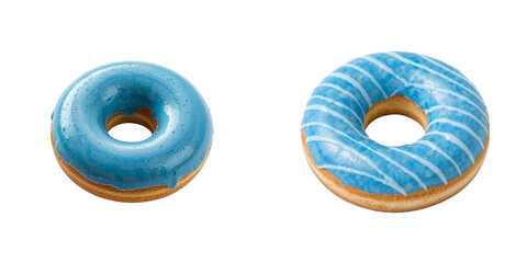 Blue donuts with glossy icing and decorative white stripes  