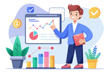 Fototapeta premium a businessman analyzing data on a dashboard with charts and graphs, representing business analytics and growth. It conveys concepts of financial reporting, market analysis, and strategic planning.