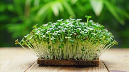 Close up of fresh microgreens on wooden board, showcasing healthy eating and sustainable agriculture, perfect for food bloggers, health enthusiasts, and eco-conscious content creators.