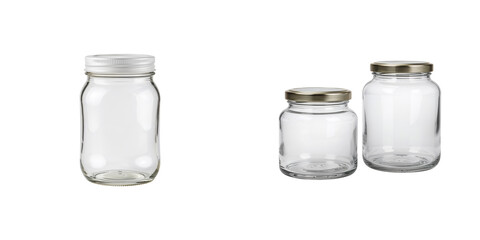 Empty glass jars with lids on transparent background  