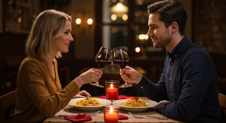 Happy couple having romantic dinner in restaurant, eating pasta and drinking red wine. Happy Valentine day concept