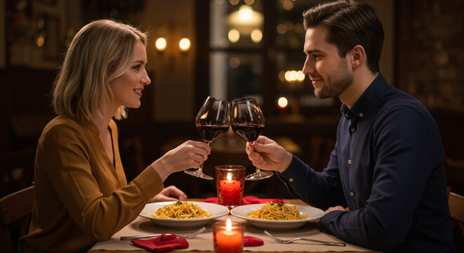 Happy couple having romantic dinner in restaurant, eating pasta and drinking red wine. Happy Valentine day concept