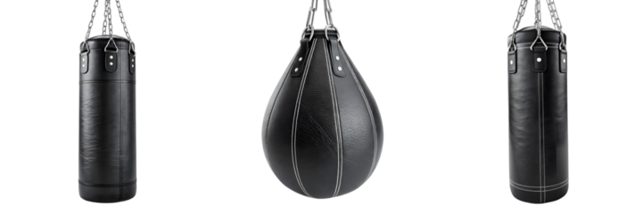 Set For Three black punching bags for boxing isolated on transparent background