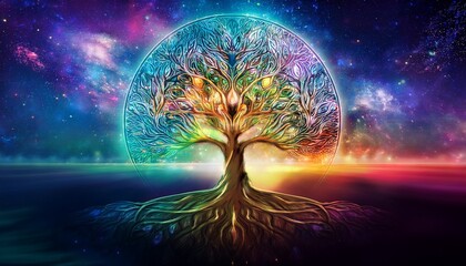 colorful sacred spiritual tree of life fantasy background cycle of life mythological magic symbol