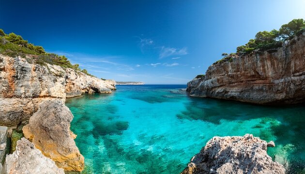 crystal clear turquoise water in a secluded cove framed by rocky cliffs - Powered by Adobe