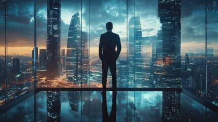 Businessman looks out over city skyline